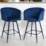 28 Inch Blue Velvet and Steel Modern Bar Stools (Set of 2)