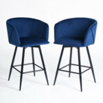 28 Inch Blue Velvet and Steel Modern Bar Stools (Set of 2)