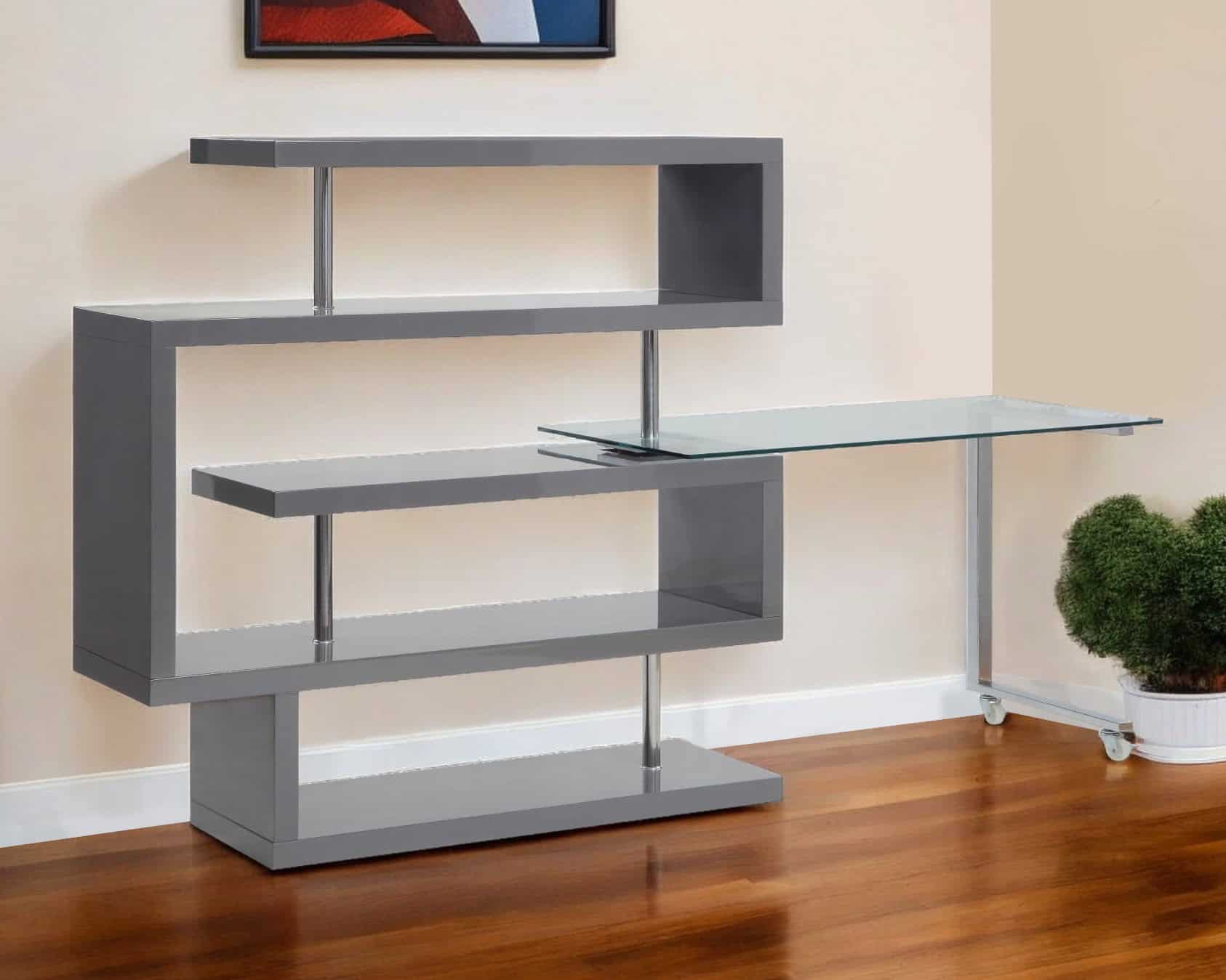Gray L Shape Writing Desk with Bookcase and Shelving 1 Gray L Shape Writing Desk with Bookcase and Shelving