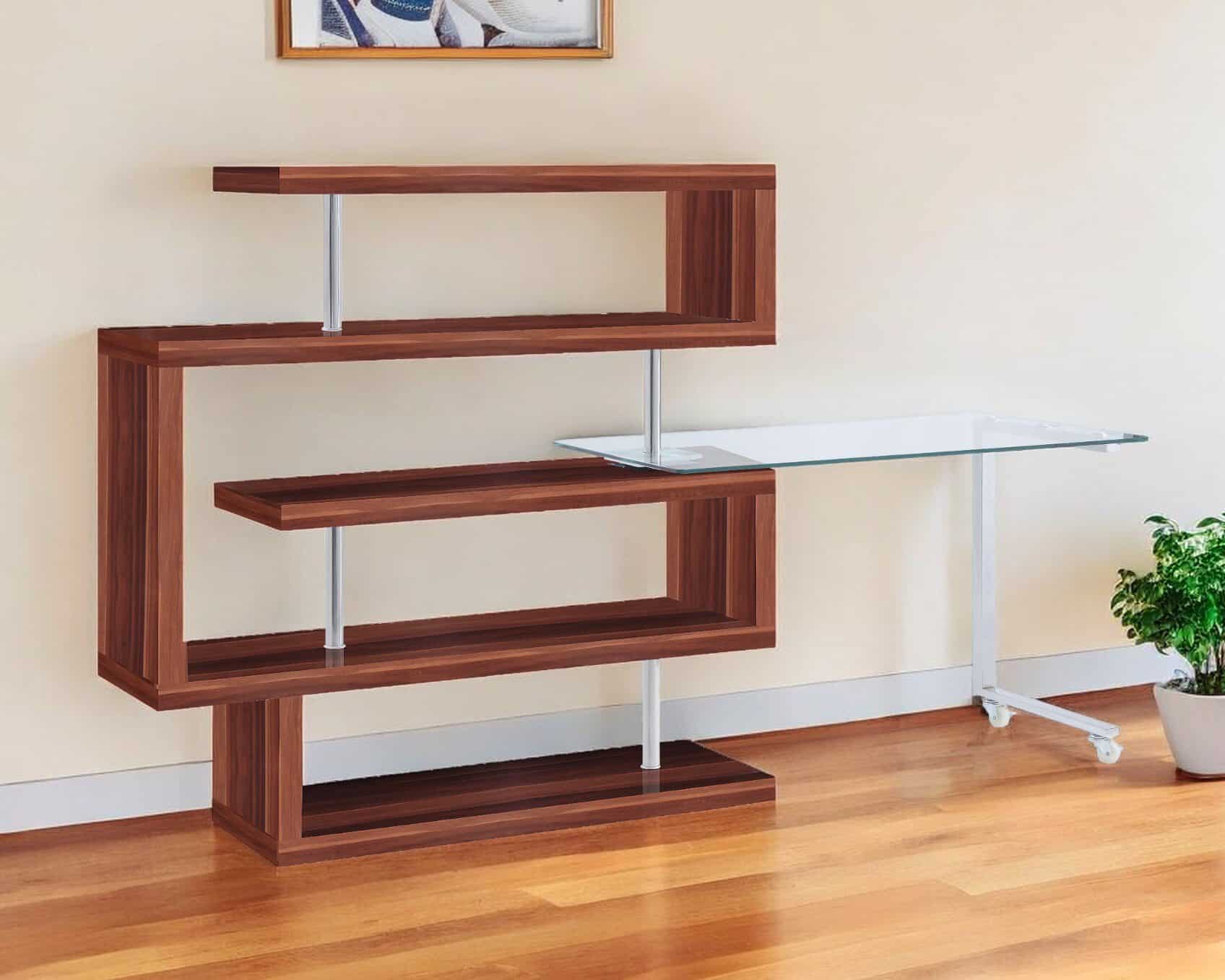 Brown L Shape Writing Desk with Shelving and Casters 1 Brown L Shape Writing Desk with Shelving and Casters