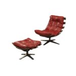 27 Inch Red Leather Tufted Swivel Lounge Chair With Ottoman