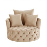 43" Beige Velvet Swivel Barrel Chair With Tufted Cushions 8 43" Beige Velvet Swivel Barrel Chair With Tufted Cushions