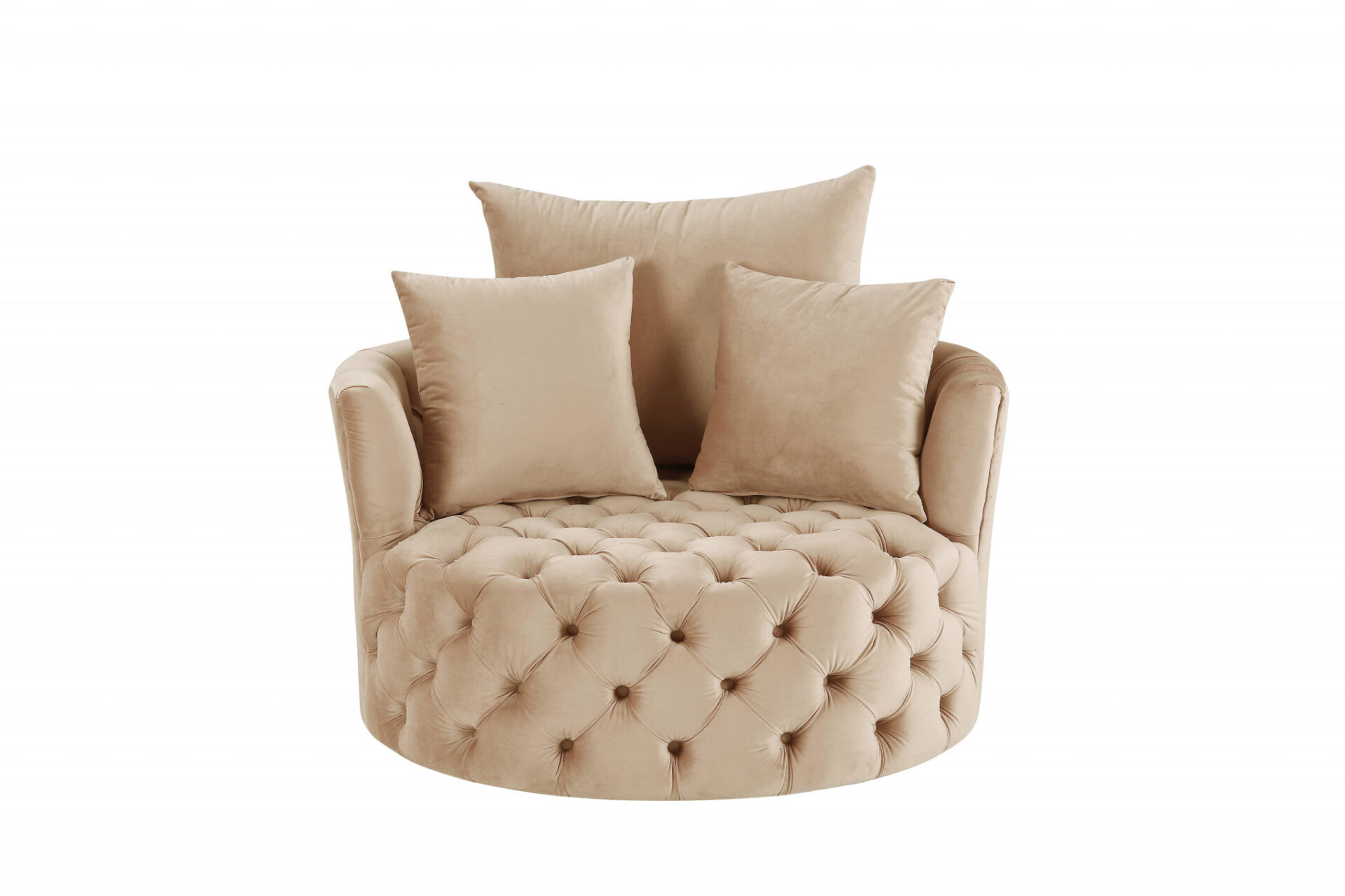 43" Beige Velvet Swivel Barrel Chair With Tufted Cushions 2 43" Beige Velvet Swivel Barrel Chair With Tufted Cushions - Image 2