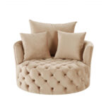 43" Beige Velvet Swivel Barrel Chair With Tufted Cushions 7 43" Beige Velvet Swivel Barrel Chair With Tufted Cushions
