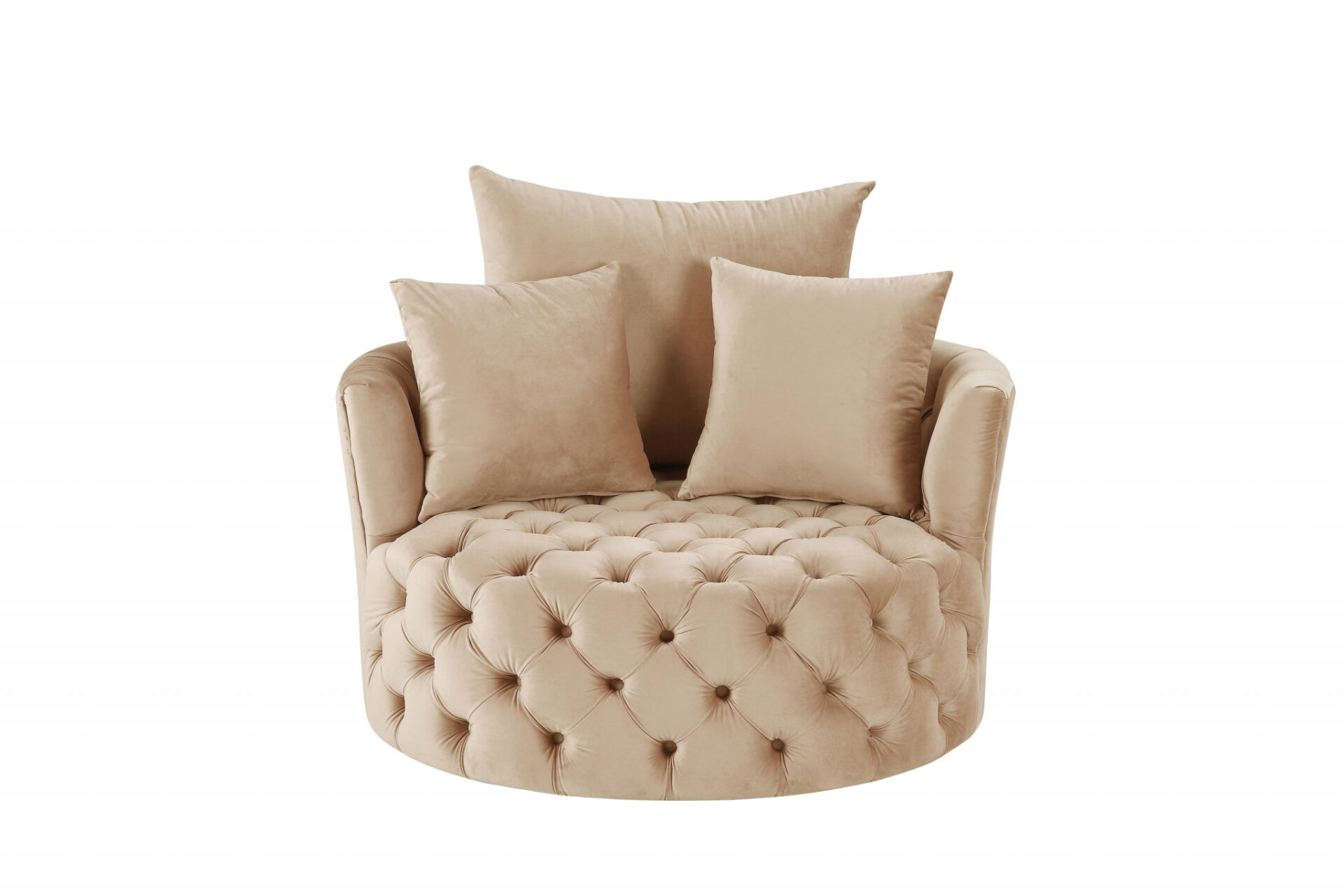 43" Beige Velvet Swivel Barrel Chair With Tufted Cushions 1 43" Beige Velvet Swivel Barrel Chair With Tufted Cushions