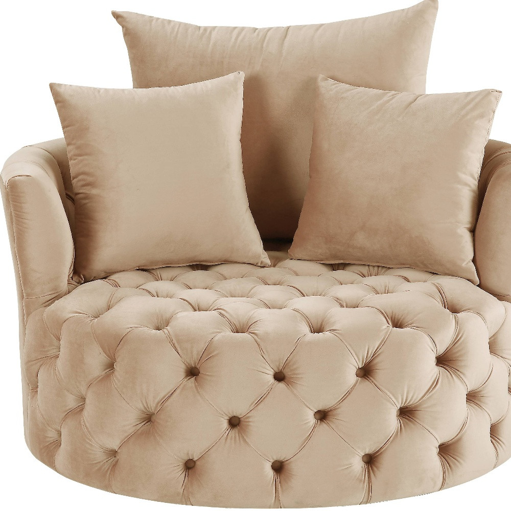 43" Beige Velvet Swivel Barrel Chair With Tufted Cushions 3 43" Beige Velvet Swivel Barrel Chair With Tufted Cushions - Image 3