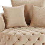 43" Beige Velvet Swivel Barrel Chair With Tufted Cushions 11 43" Beige Velvet Swivel Barrel Chair With Tufted Cushions