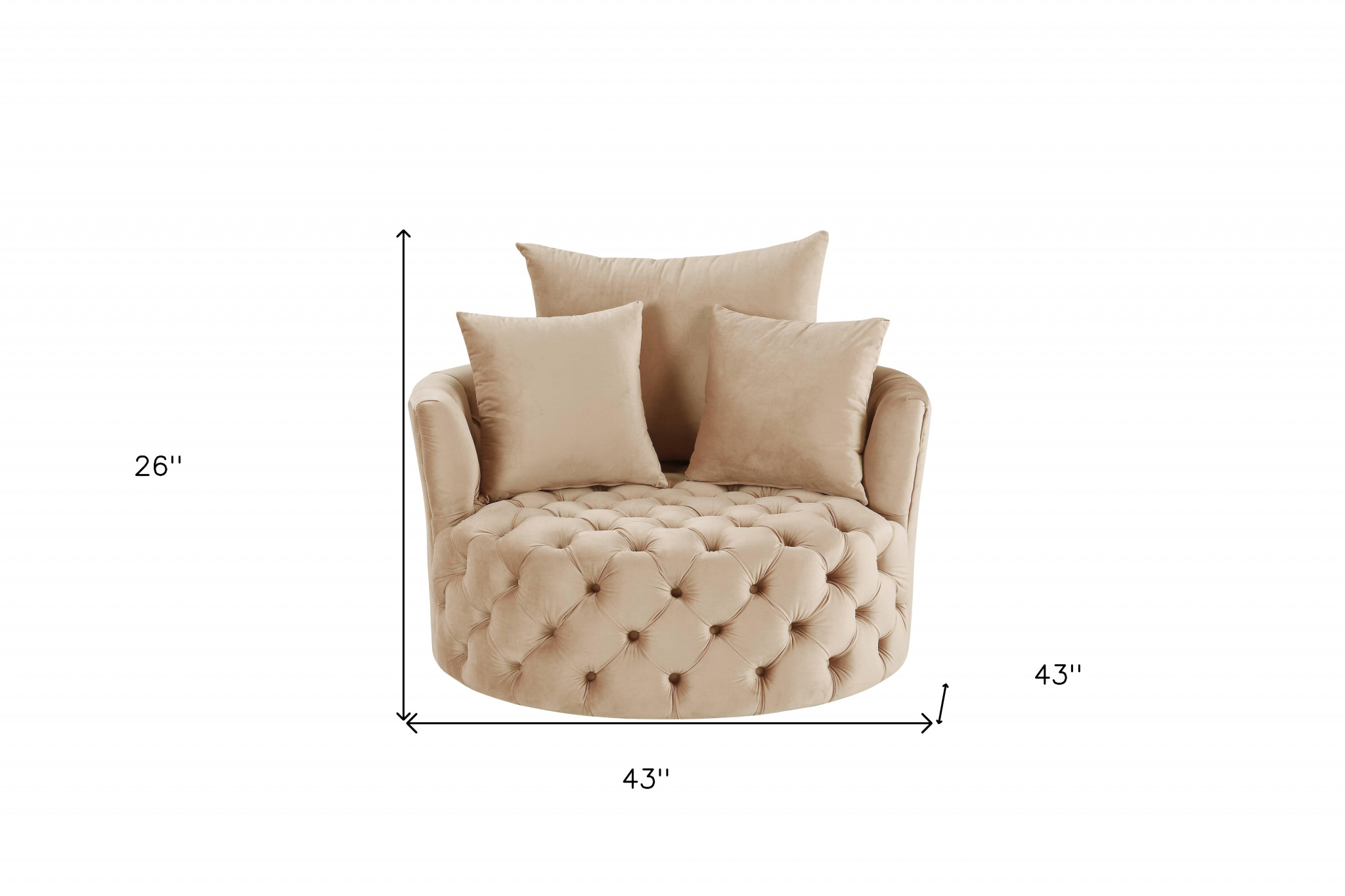 43" Beige Velvet Swivel Barrel Chair With Tufted Cushions 12 43" Beige Velvet Swivel Barrel Chair With Tufted Cushions