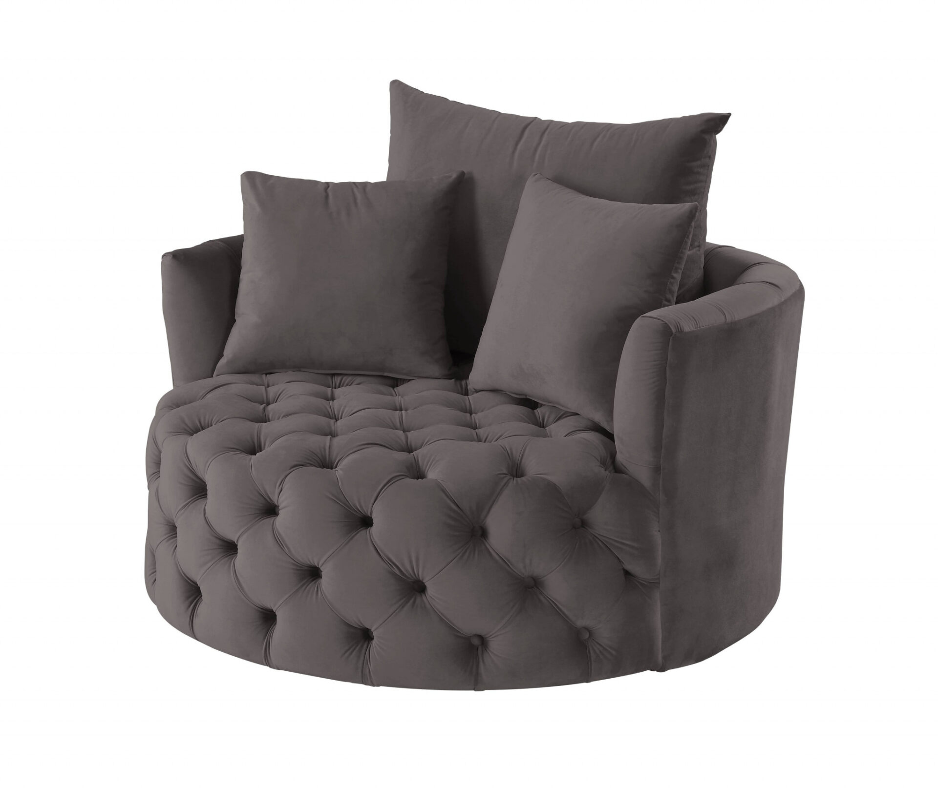 43 Inch Gray Velvet Swivel Barrel Chair With Tufted Cushions 1 43 Inch Gray Velvet Swivel Barrel Chair With Tufted Cushions