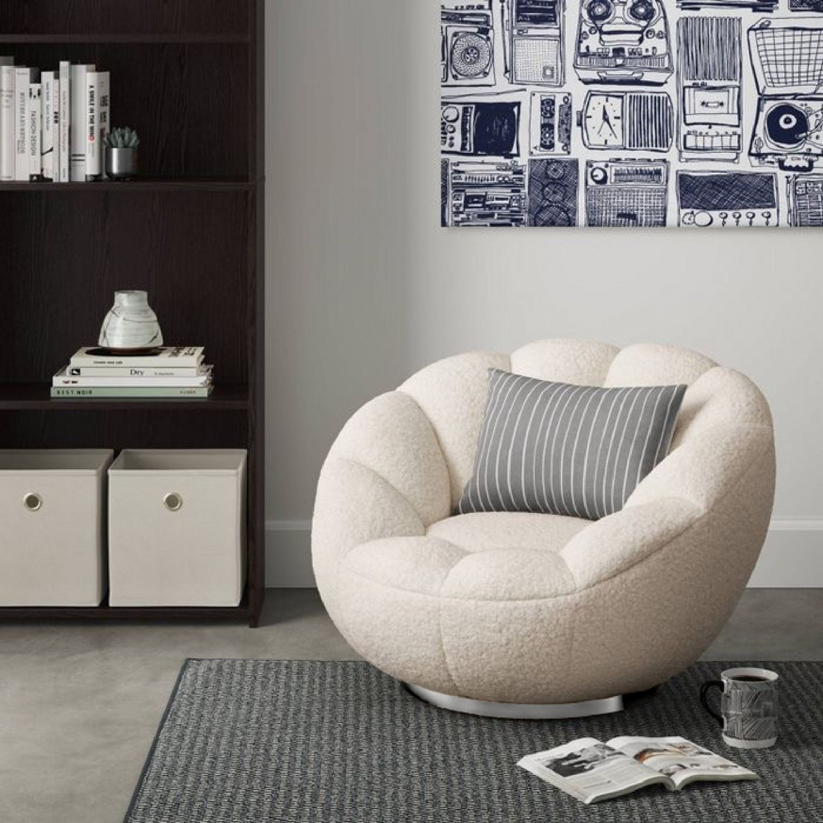 24 Inch White Sherpa Swivel Barrel Chair With Tufted Back 5 24 Inch White Sherpa Swivel Barrel Chair With Tufted Back - Image 5
