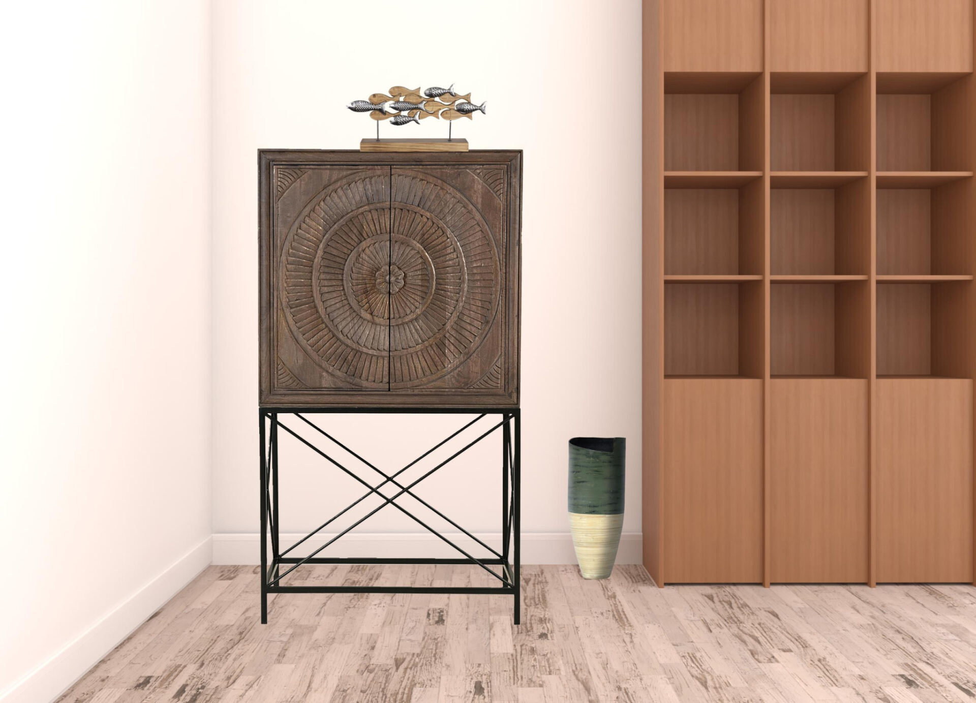 33 Inch Brown Carved Solid Wood Two Door Wine Cabinet 4 33 Inch Brown Carved Solid Wood Two Door Wine Cabinet - Image 4