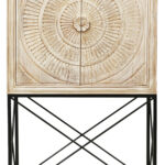33 Inch Distressed White Floral Carved Solid Wood Wine Cabinet