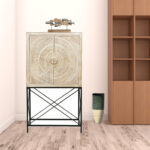 33 Inch Distressed White Floral Carved Solid Wood Wine Cabinet
