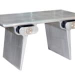 Silver Aluminum Writing Desk With Two Drawers and Sled Base 6 Silver Aluminum Writing Desk With Two Drawers and Sled Base
