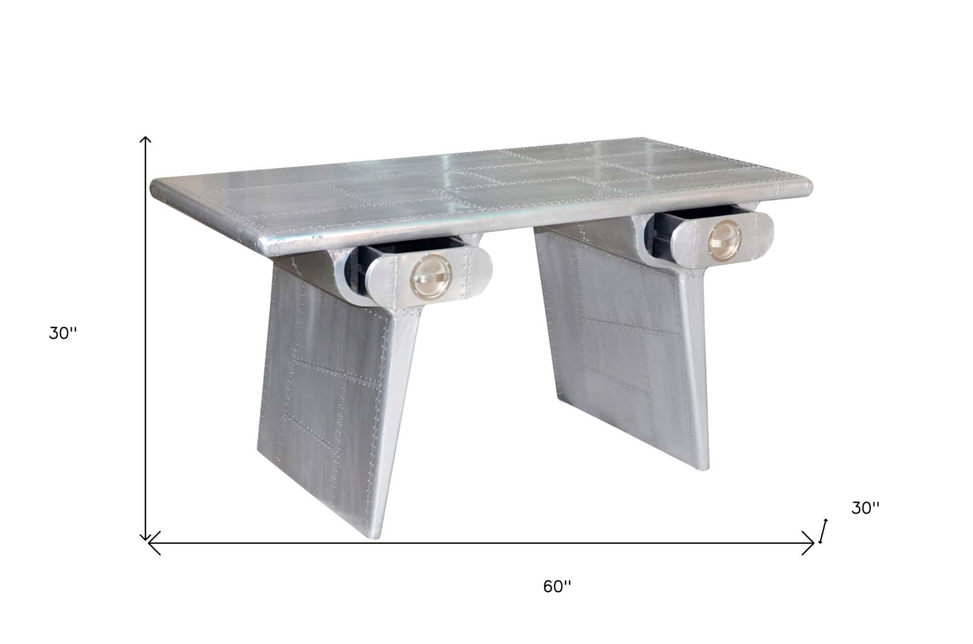 Silver Aluminum Writing Desk With Two Drawers and Sled Base 4 Silver Aluminum Writing Desk With Two Drawers and Sled Base - Image 4