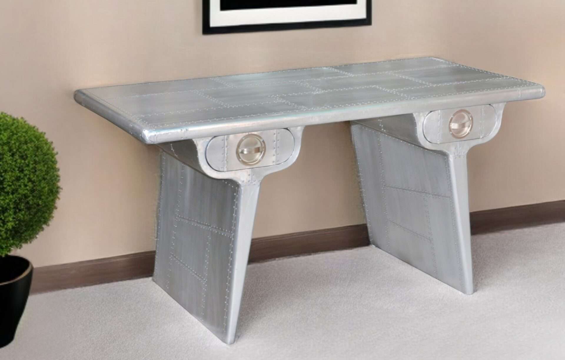 Silver Aluminum Writing Desk With Two Drawers and Sled Base 1 Silver Aluminum Writing Desk With Two Drawers and Sled Base