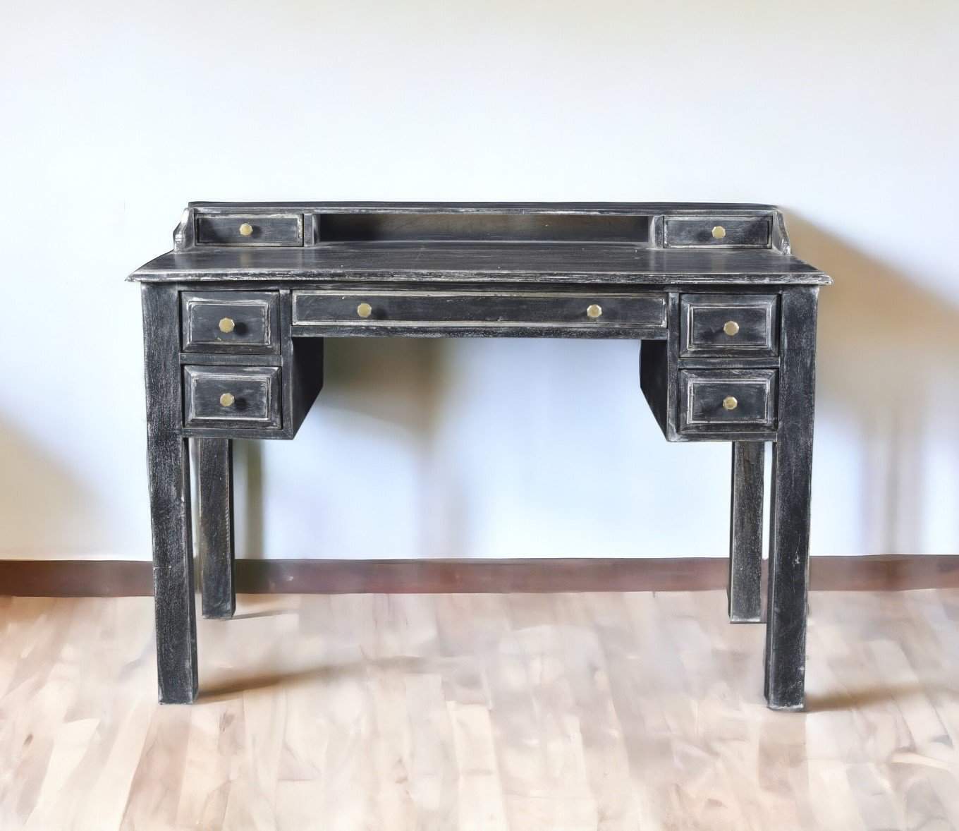 Black Solid Wood Writing Desk With Seven Drawers, 46 Inches 1 Black Solid Wood Writing Desk With Seven Drawers, 46 Inches