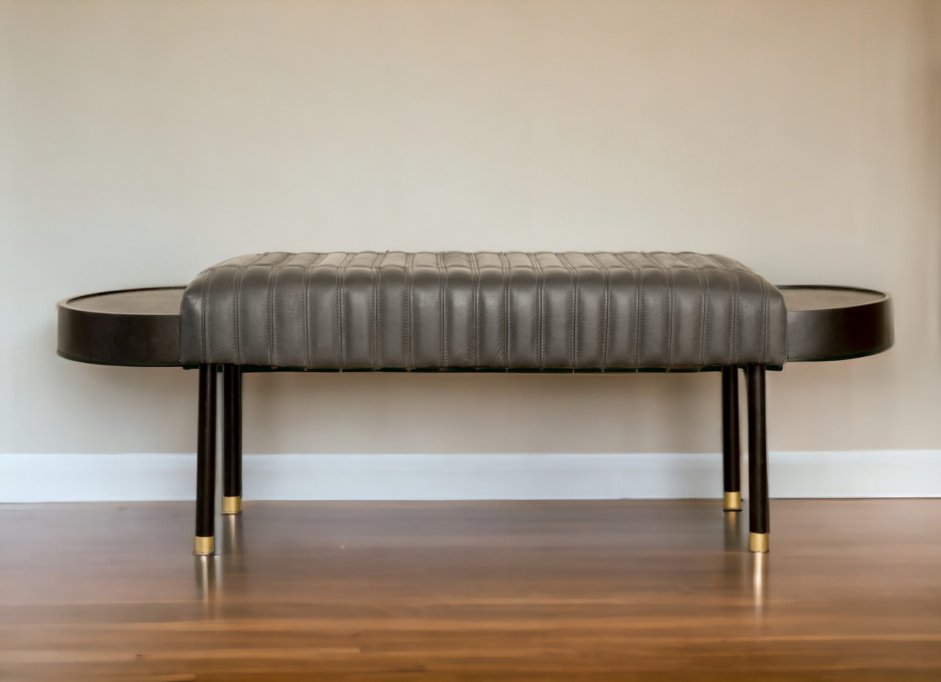 56" Dark Gray and Black Modern Leather Bench with End Tables 2 56" Dark Gray and Black Modern Leather Bench with End Tables - Image 2