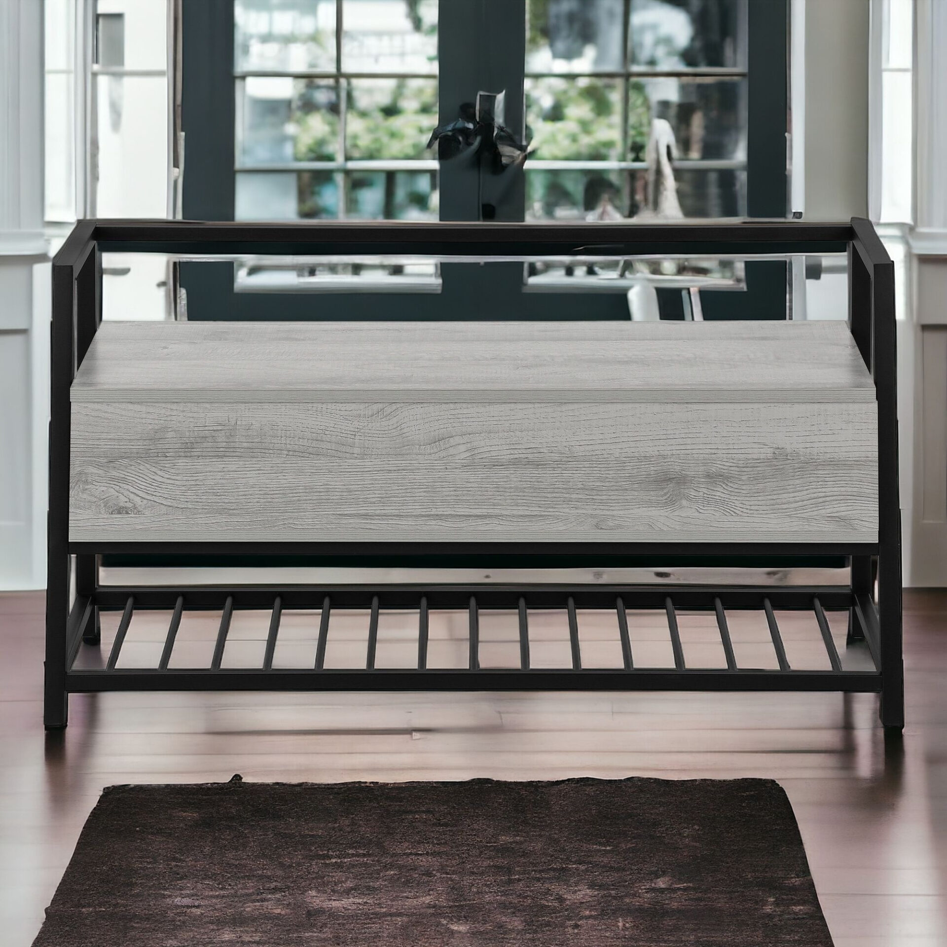 42" Gray Flip-Top Storage Bench with Black Metal Frame 2 42" Gray Flip-Top Storage Bench with Black Metal Frame - Image 2