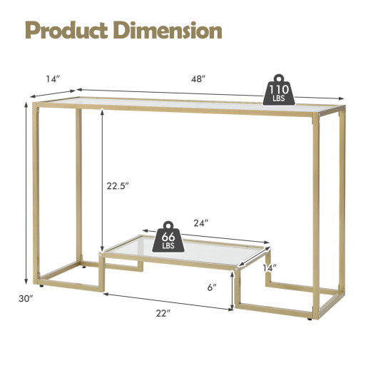 Gold 48 Inch 2 Tier Glass Console Table for Hallway 5 Gold 48 Inch 2 Tier Glass Console Table for Hallway - Image 5
