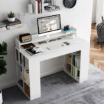White Computer Desk with Monitor Shelf and Dual 3-Tier Bookshelves 9 White Computer Desk with Monitor Shelf and Dual 3-Tier Bookshelves