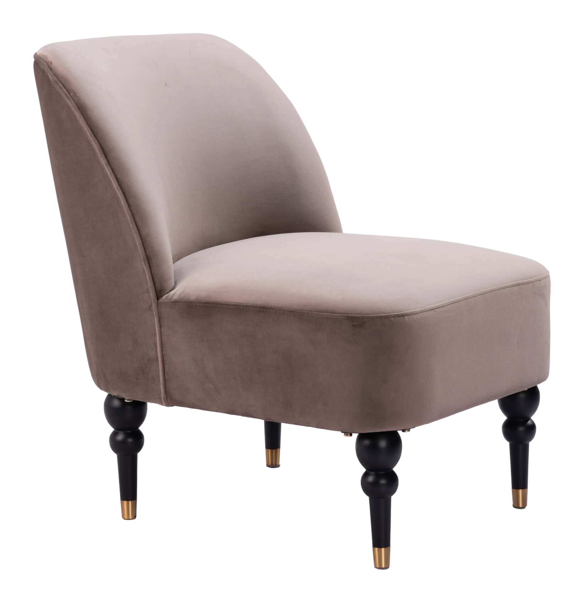 Velvet Taupe Accent Chair with Wooden Legs and Deco Flair 8 Velvet Taupe Accent Chair with Wooden Legs and Deco Flair - Image 8