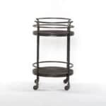 Rustic Round Iron and Wood Rolling Bar Cart