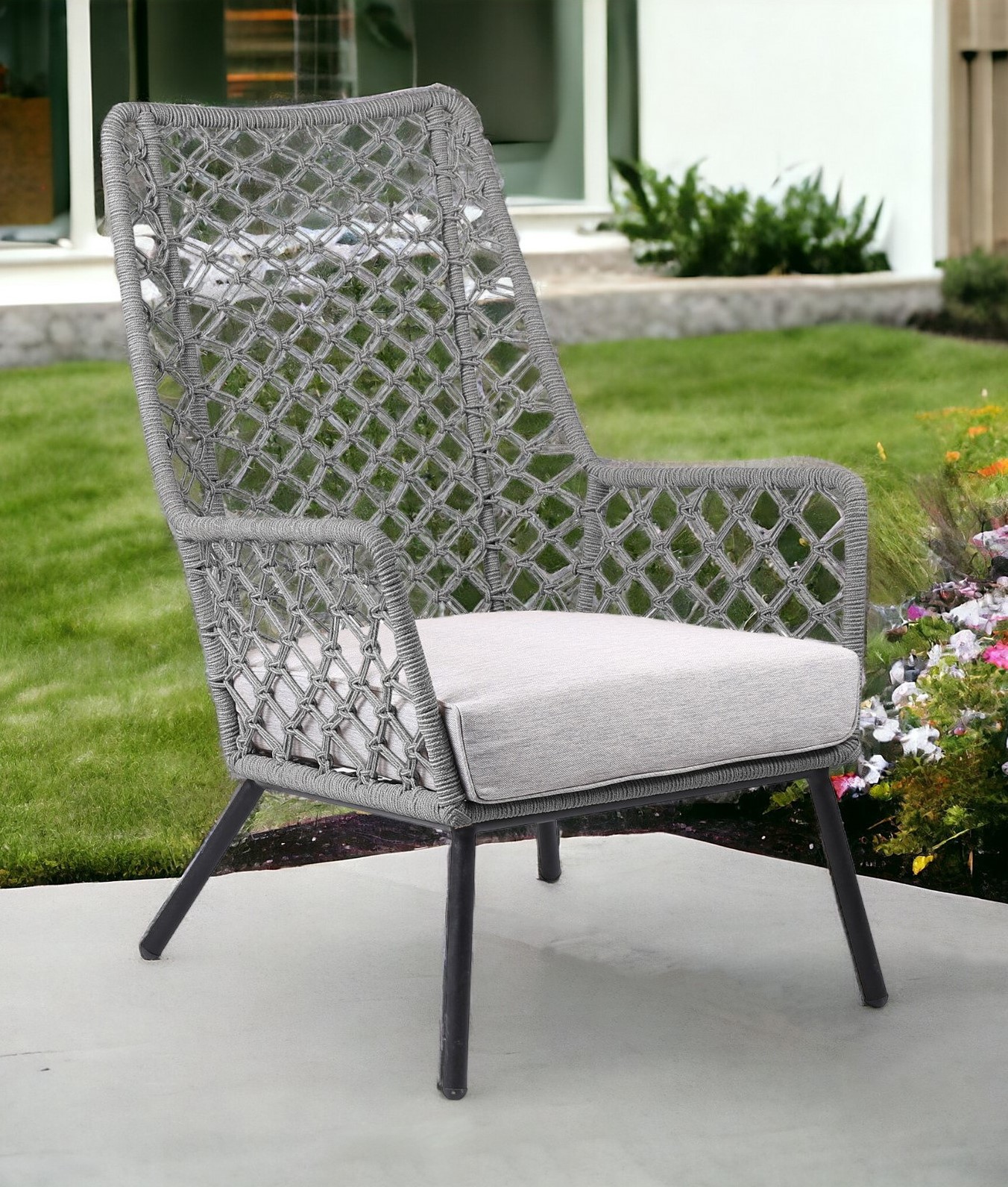26" Gray and Black Steel Indoor Outdoor Armchair with Cushion 1 26" Gray and Black Steel Indoor Outdoor Armchair with Cushion