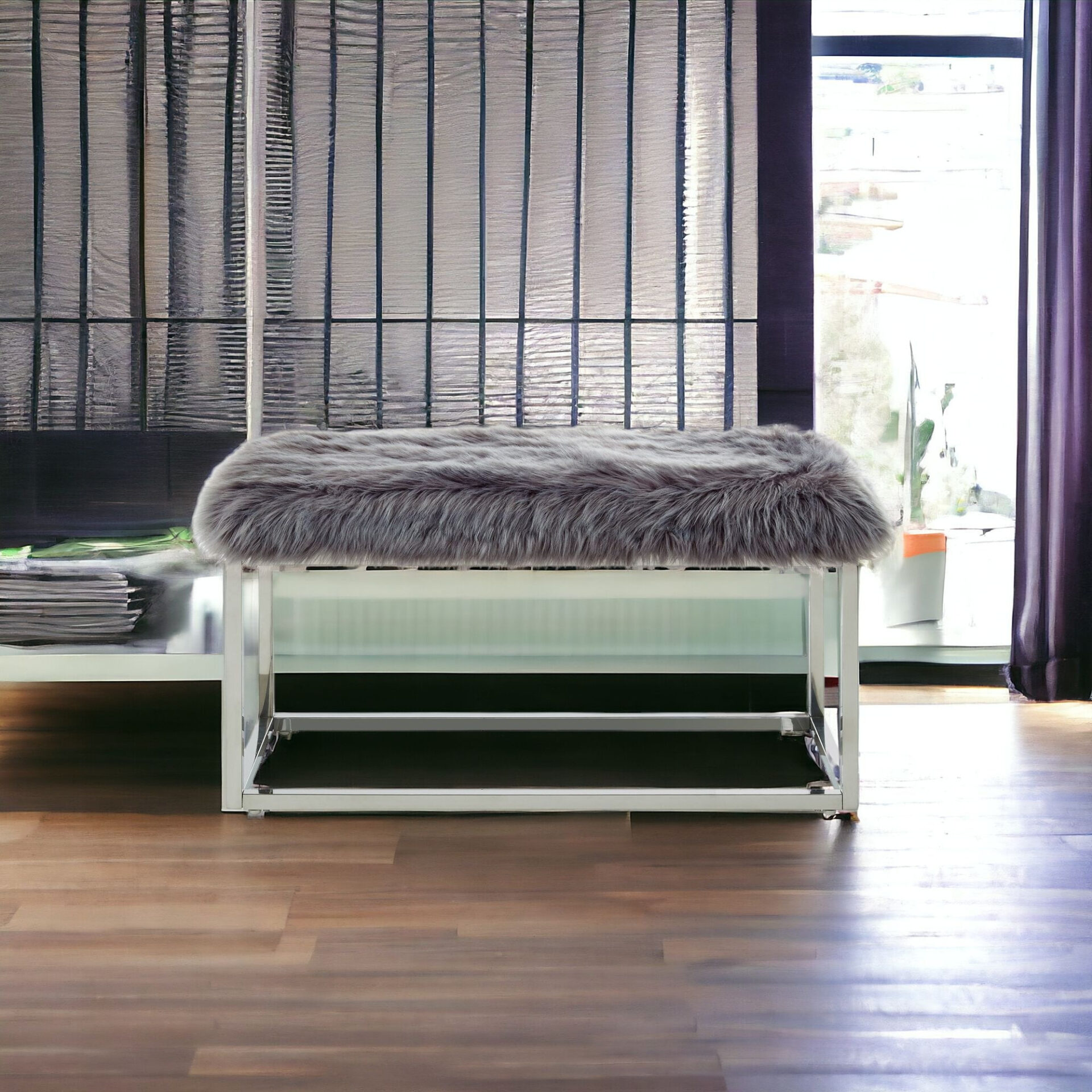 40" Modern Glam Gray Faux Fur Bench with Silver Base 2 40" Modern Glam Gray Faux Fur Bench with Silver Base - Image 2
