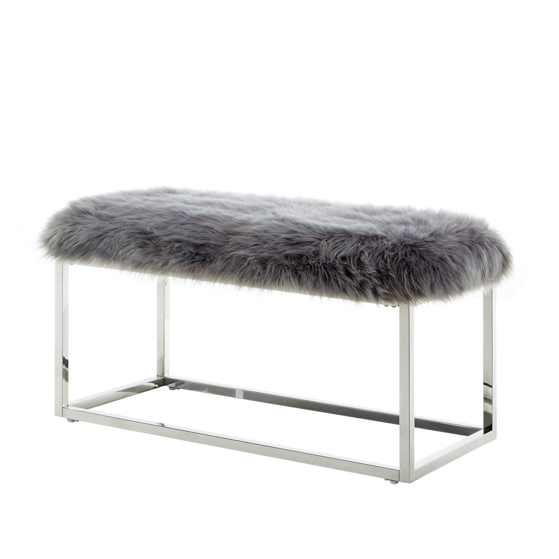 40" Modern Glam Gray Faux Fur Bench with Silver Base 3 40" Modern Glam Gray Faux Fur Bench with Silver Base - Image 3
