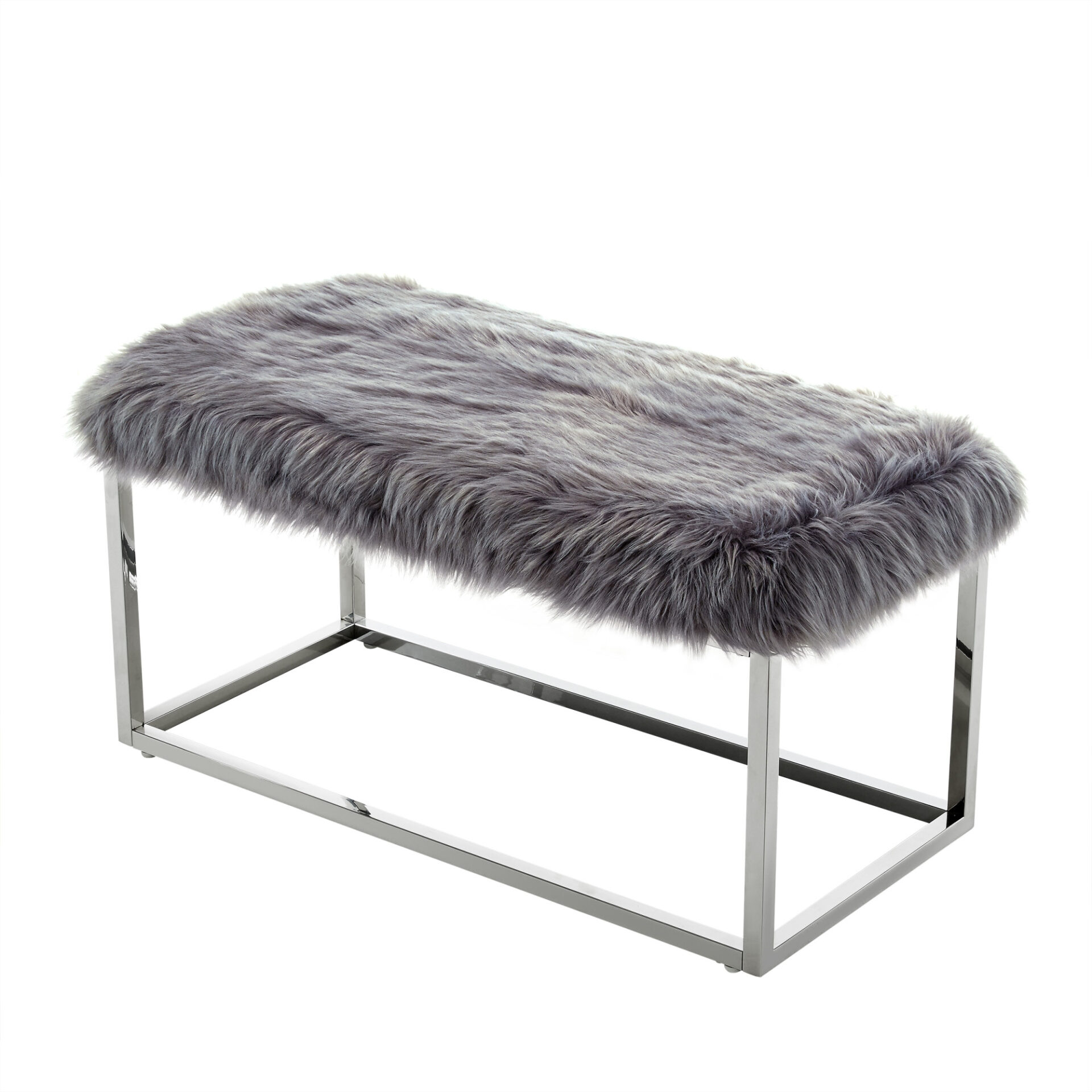 40" Modern Glam Gray Faux Fur Bench with Silver Base 4 40" Modern Glam Gray Faux Fur Bench with Silver Base - Image 4