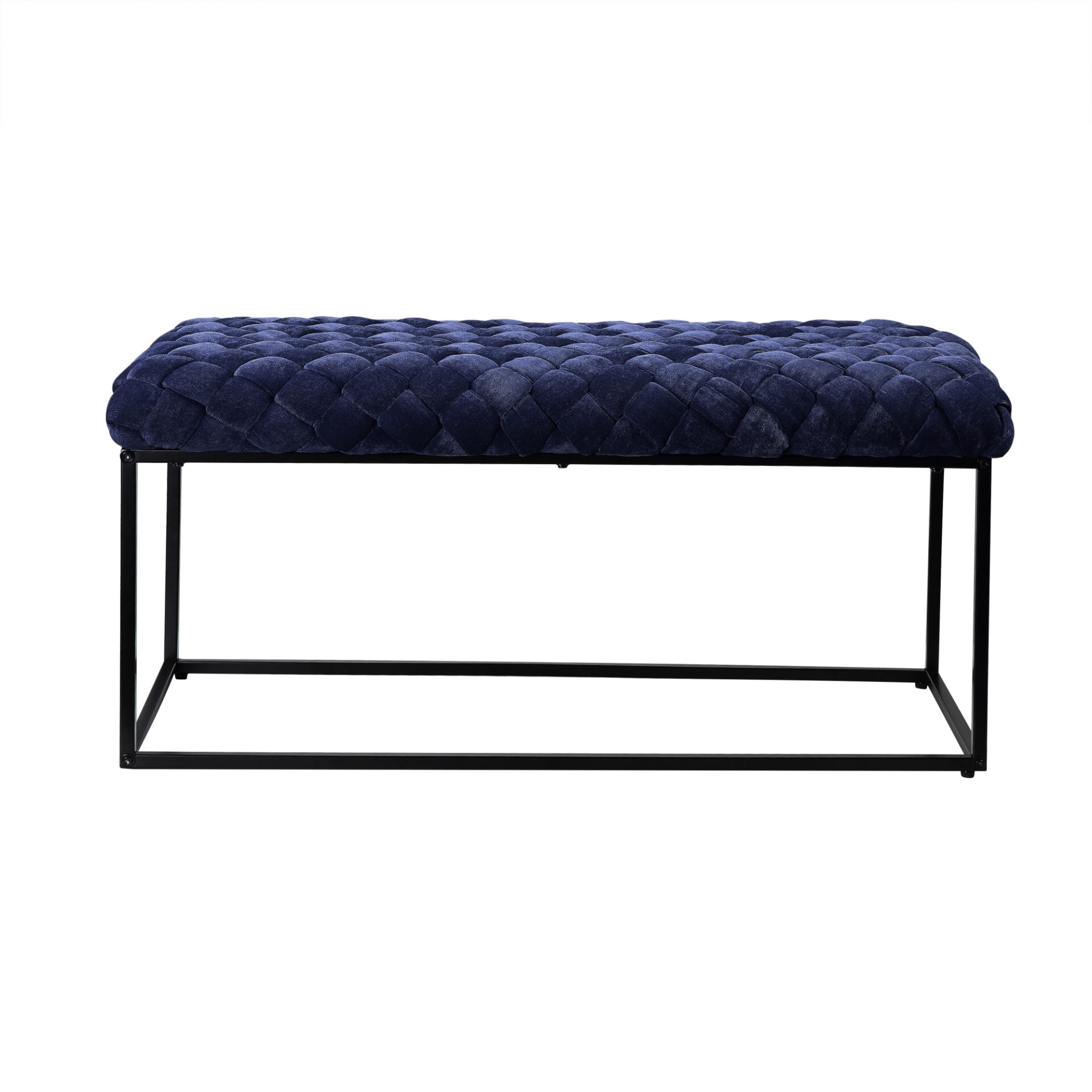 39" Navy Blue Velvet Upholstered Bench with Black Metal Frame 1 39" Navy Blue Velvet Upholstered Bench with Black Metal Frame