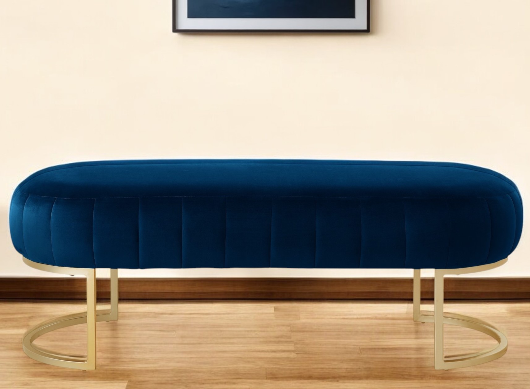 53" Navy Blue Velvet Bench with Gold Metal Legs 2 53" Navy Blue Velvet Bench with Gold Metal Legs - Image 2