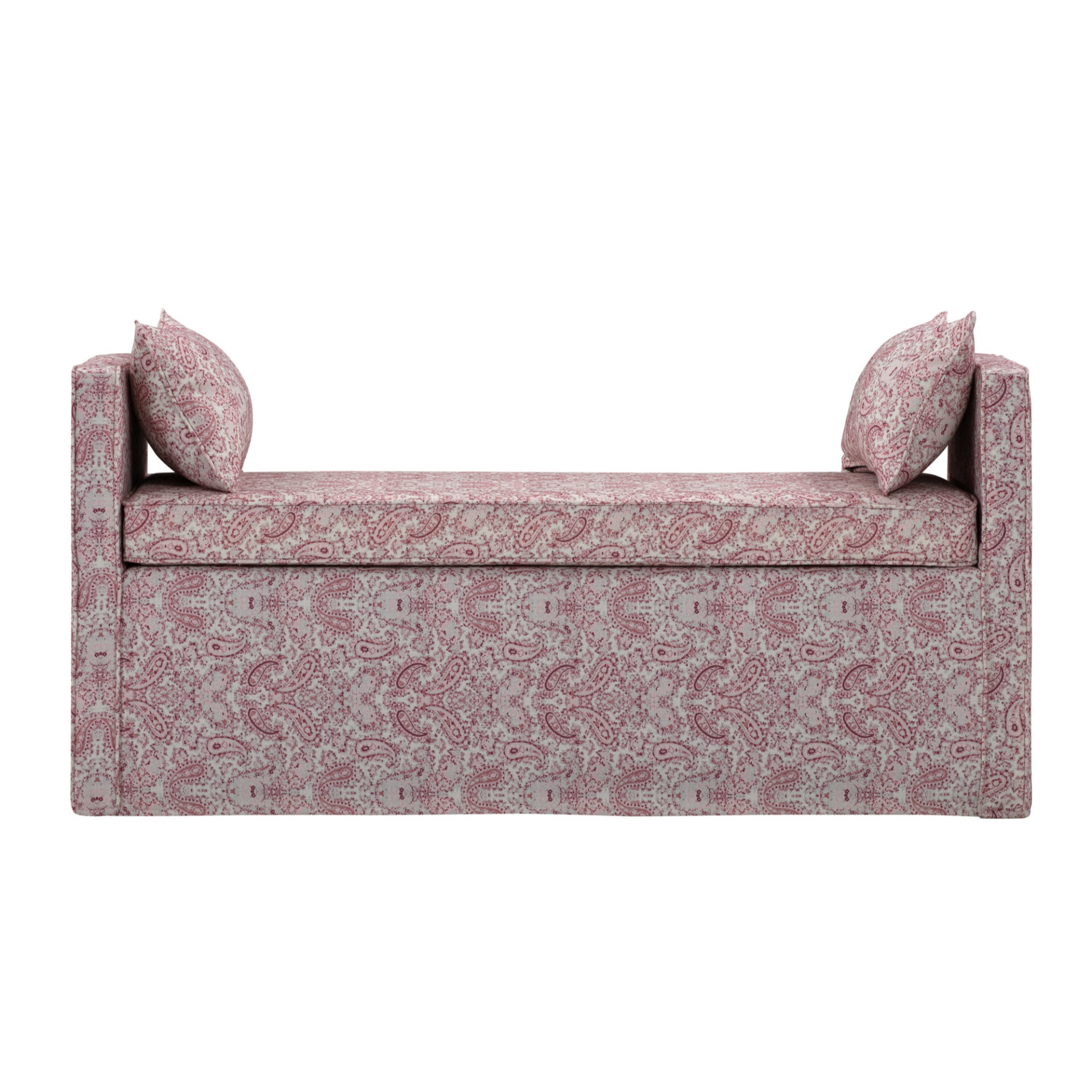 53" Red and Ivory Paisley Upholstered Linen Bench with Pillows 2 53" Red and Ivory Paisley Upholstered Linen Bench with Pillows - Image 2
