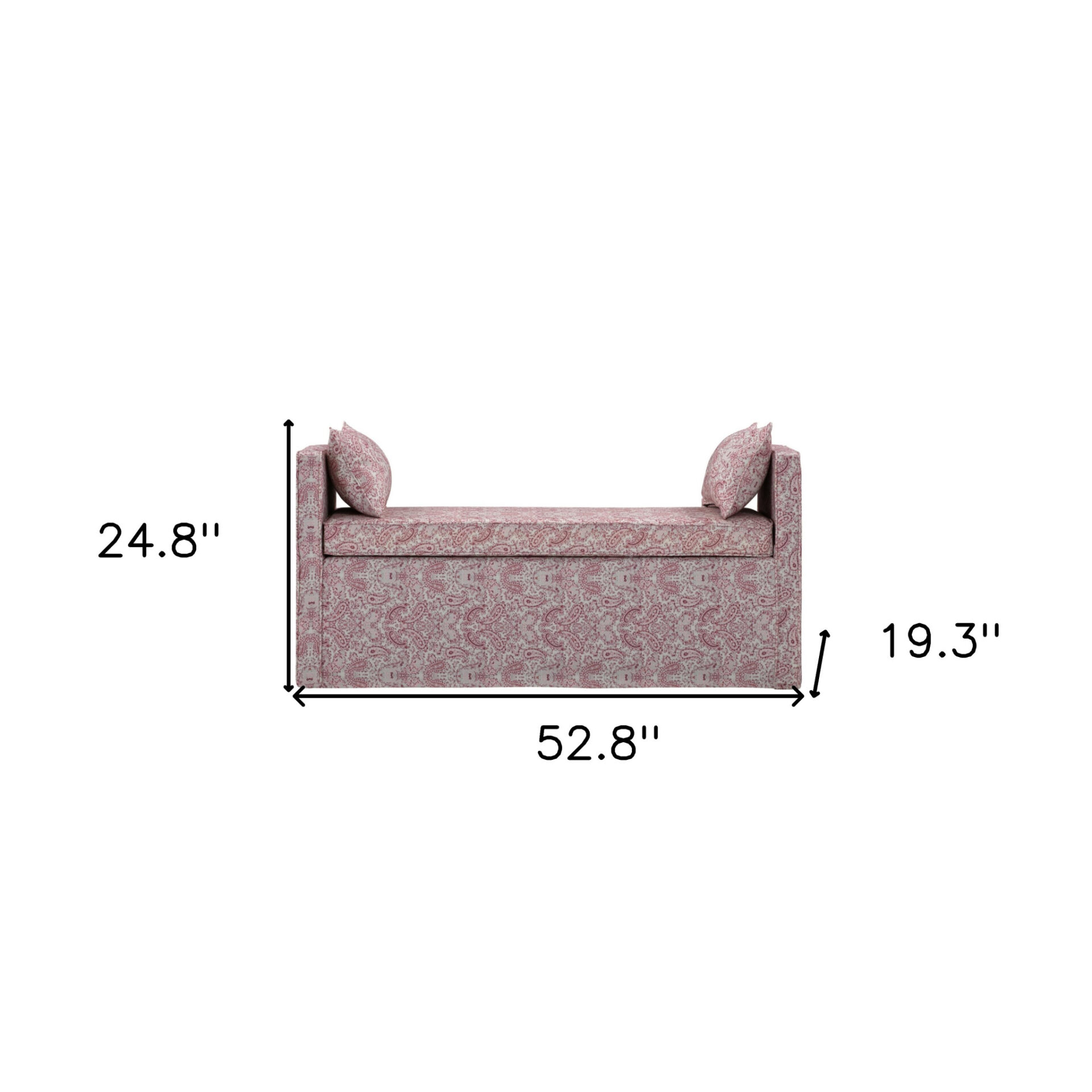 53" Red and Ivory Paisley Upholstered Linen Bench with Pillows 7 53" Red and Ivory Paisley Upholstered Linen Bench with Pillows - Image 7
