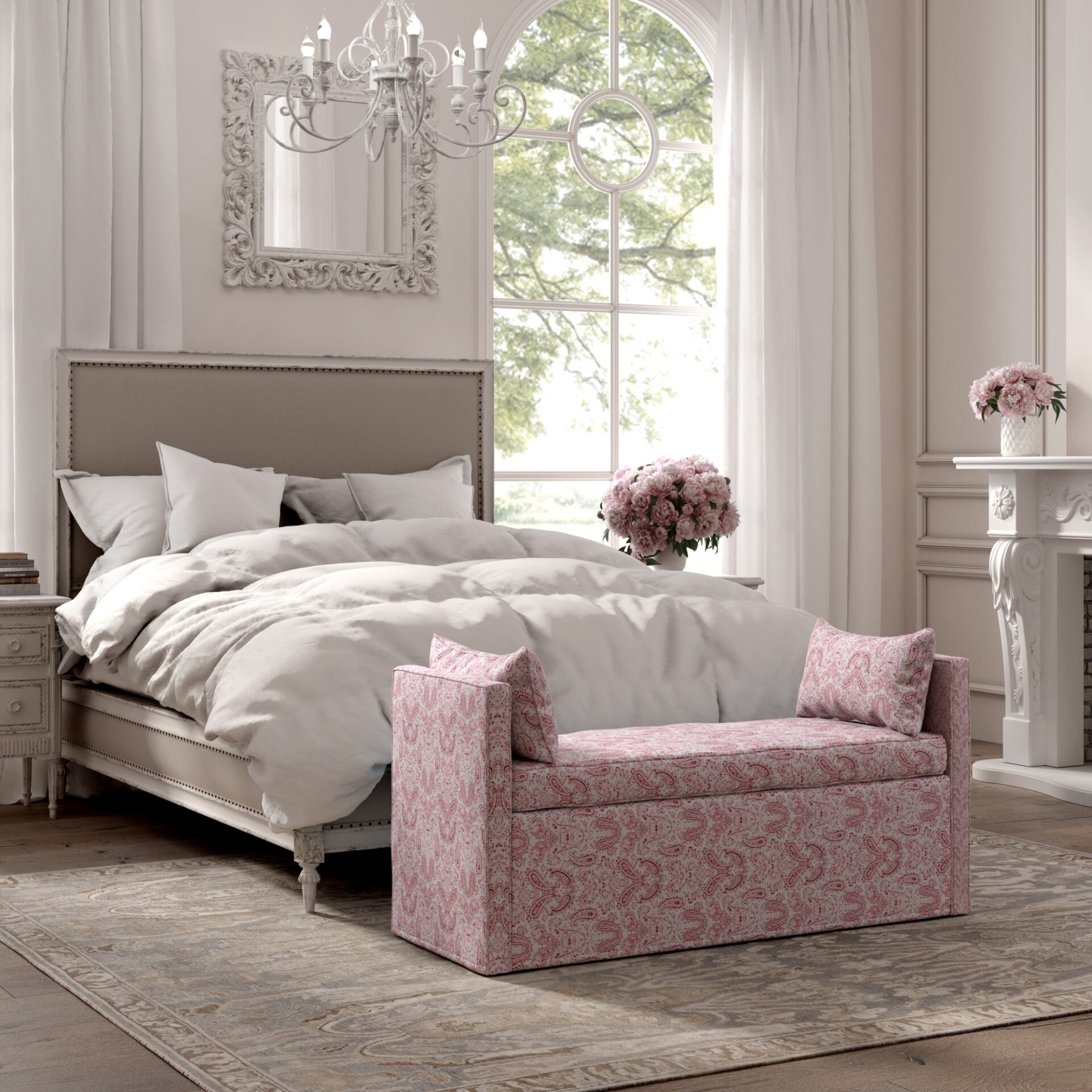 53" Red and Ivory Paisley Upholstered Linen Bench with Pillows 6 53" Red and Ivory Paisley Upholstered Linen Bench with Pillows - Image 6