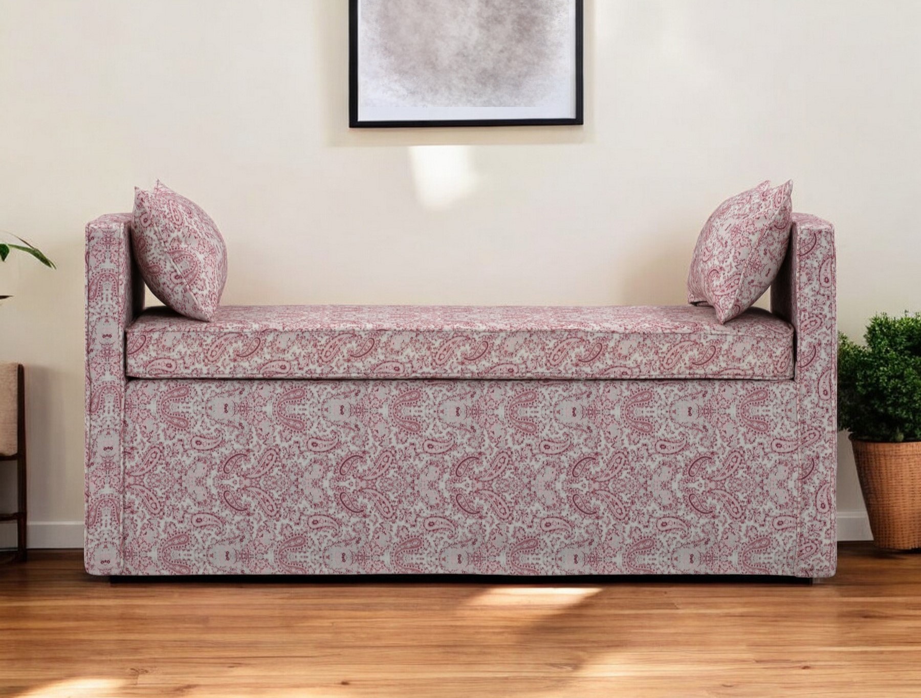 53" Red and Ivory Paisley Upholstered Linen Bench with Pillows 1 53" Red and Ivory Paisley Upholstered Linen Bench with Pillows