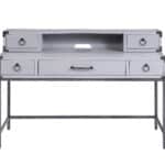 Gray Wood Writing Desk With Five Drawers and Metal Base 8 Gray Wood Writing Desk With Five Drawers and Metal Base