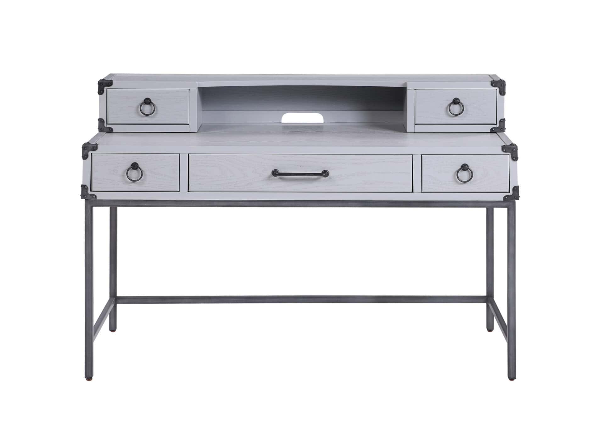 Gray Wood Writing Desk With Five Drawers and Metal Base 2 Gray Wood Writing Desk With Five Drawers and Metal Base - Image 2