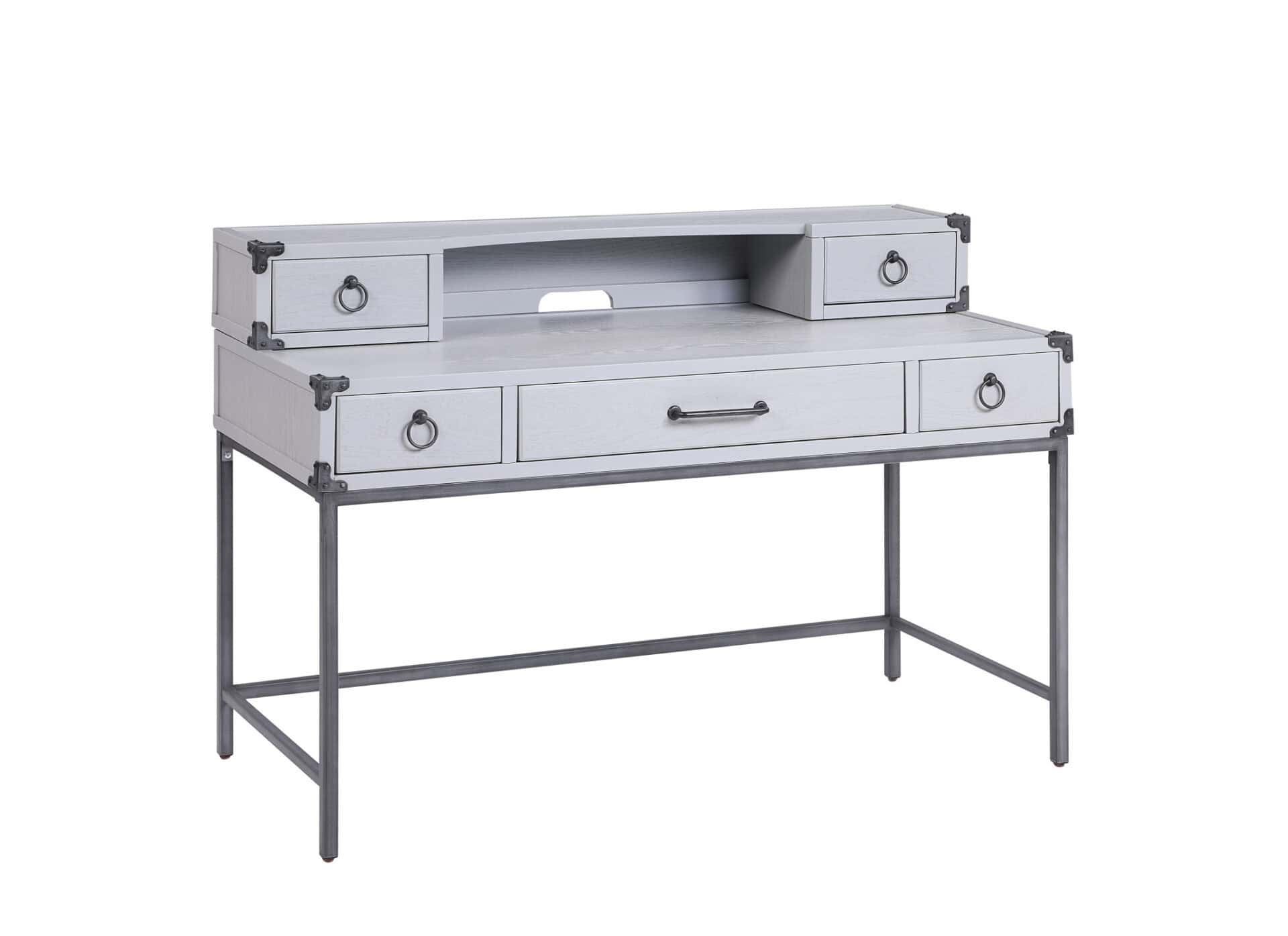 Gray Wood Writing Desk With Five Drawers and Metal Base 4 Gray Wood Writing Desk With Five Drawers and Metal Base - Image 4