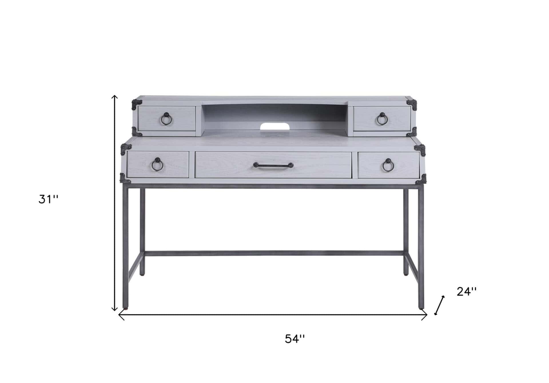 Gray Wood Writing Desk With Five Drawers and Metal Base 6 Gray Wood Writing Desk With Five Drawers and Metal Base - Image 6