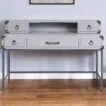 Gray Wood Writing Desk With Five Drawers and Metal Base 7 Gray Wood Writing Desk With Five Drawers and Metal Base