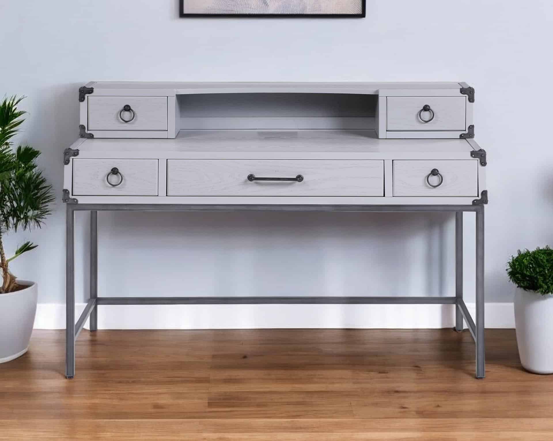 Gray Wood Writing Desk With Five Drawers and Metal Base 1 Gray Wood Writing Desk With Five Drawers and Metal Base
