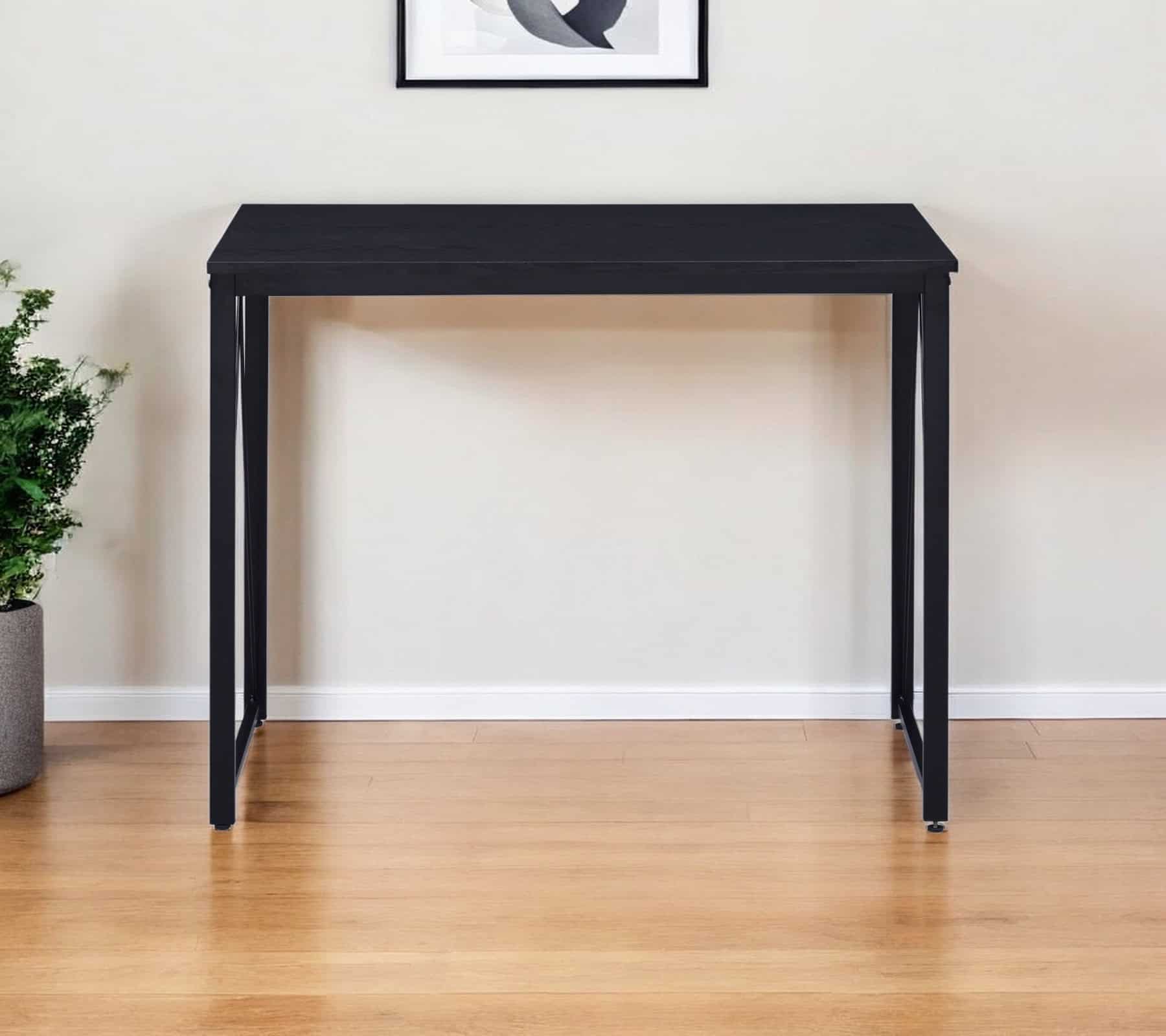 Black Rectangular Writing Desk with Metal Base and V Accent 1 Black Rectangular Writing Desk with Metal Base and V Accent