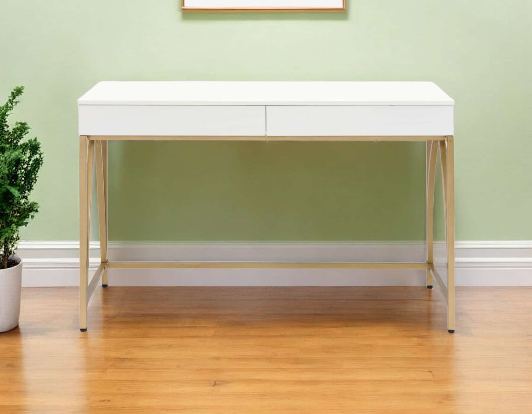 White and Gold Writing Desk With Drawers and Open Base 1 White and Gold Writing Desk With Drawers and Open Base