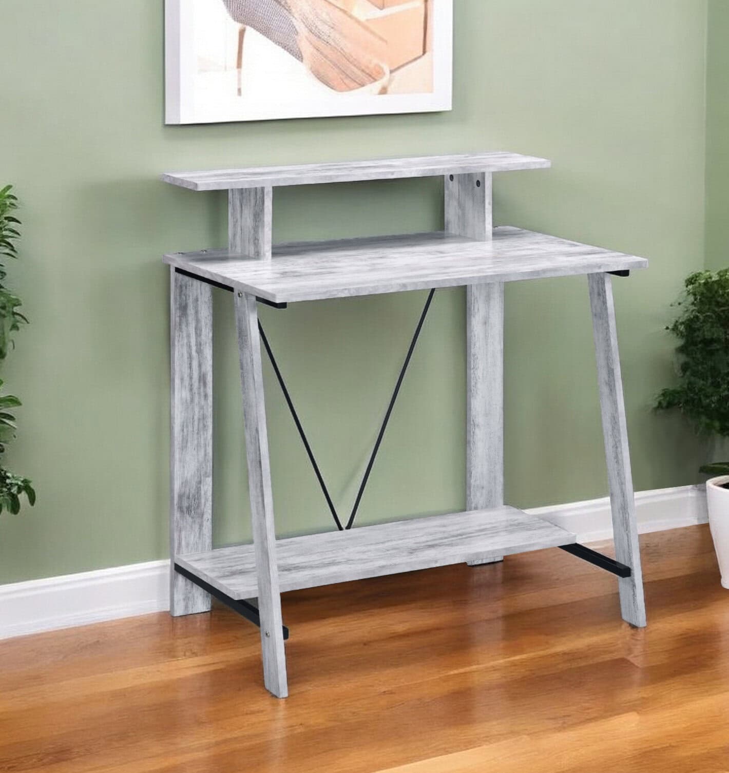 Antiqued White 32 Inch Writing Desk with Shelves 1 Antiqued White 32 Inch Writing Desk with Shelves