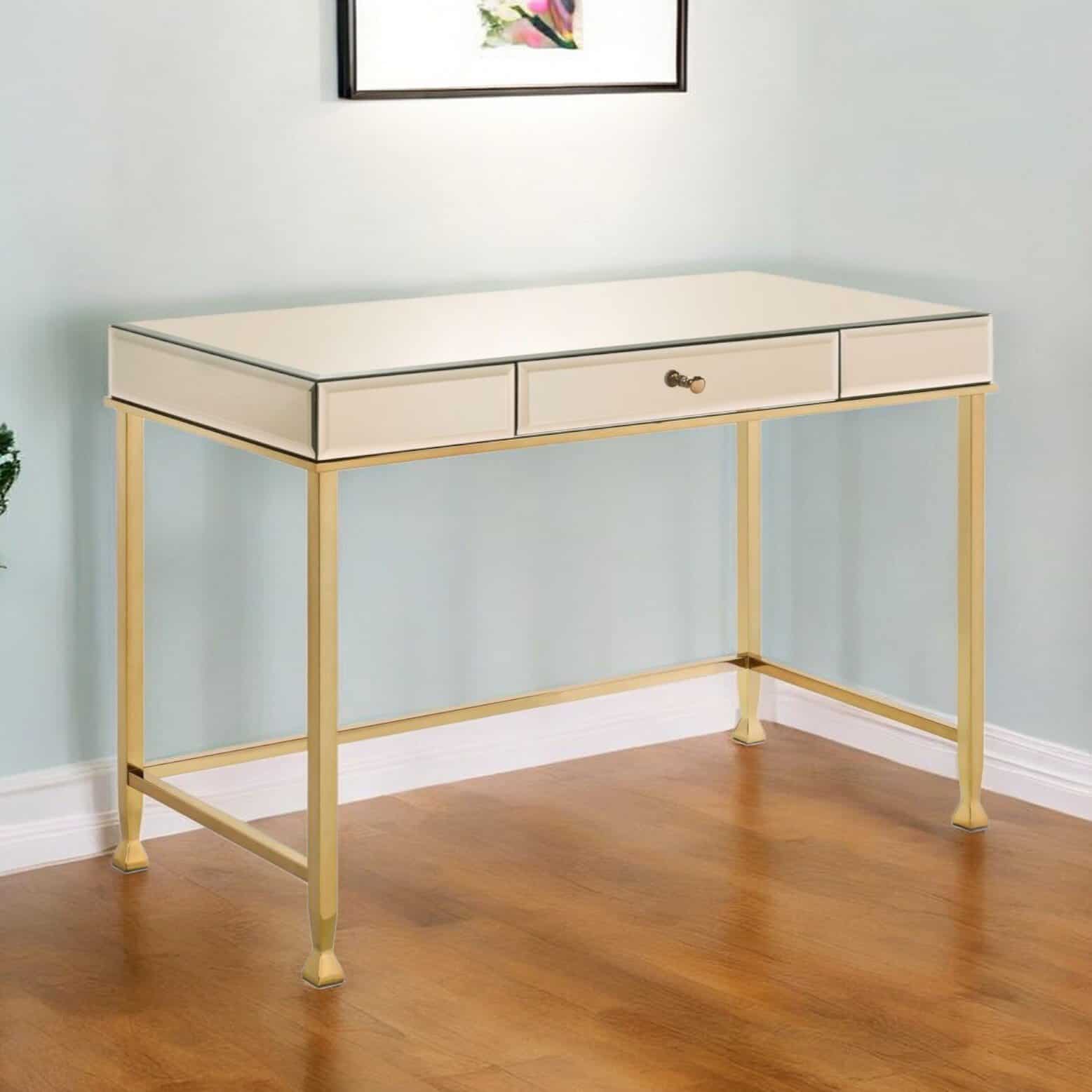 Champagne Mirrored Writing Desk with Drawer, 42 Inches Wide 1 Champagne Mirrored Writing Desk with Drawer, 42 Inches Wide