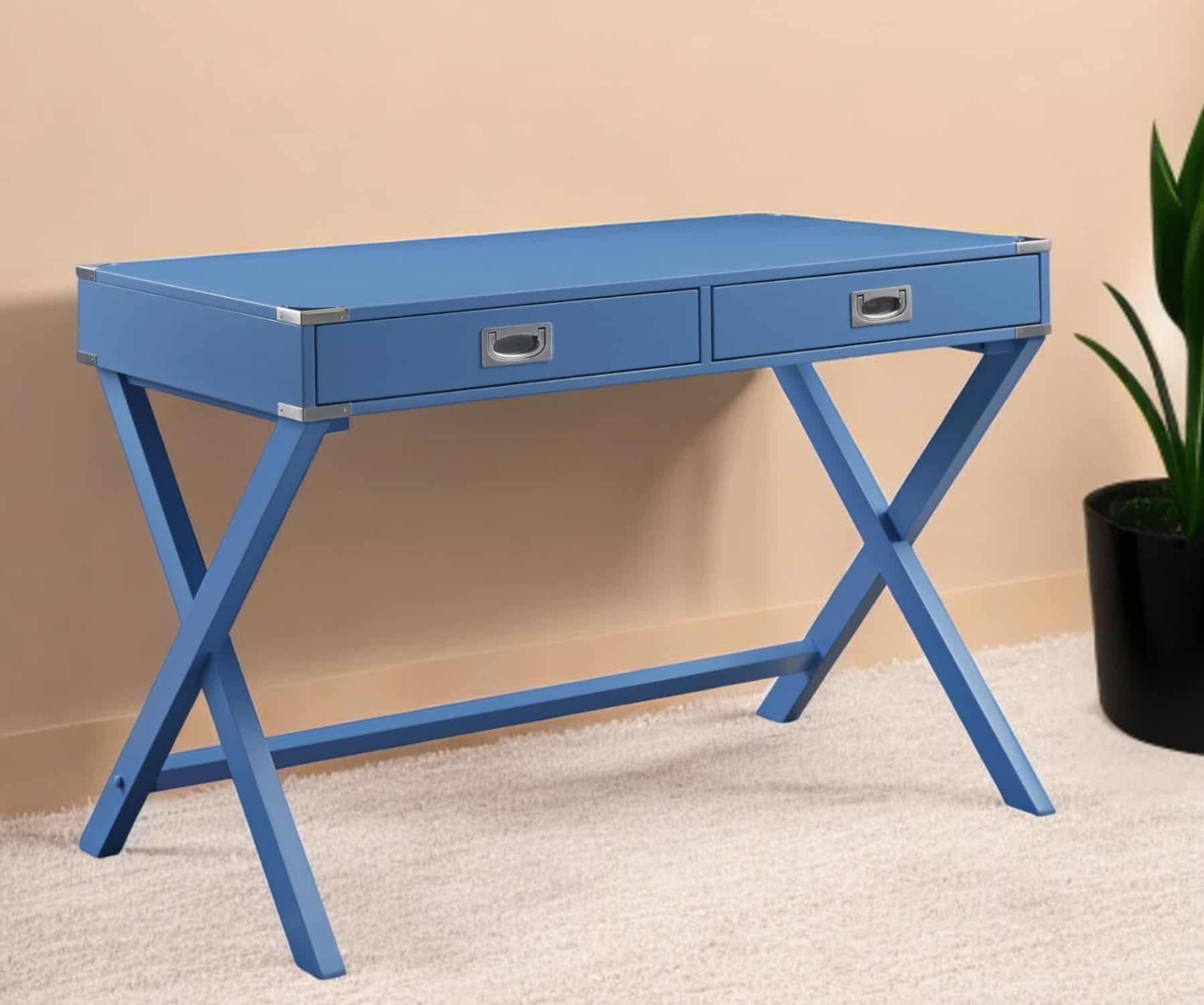 42 Inch Blue Writing Desk With Two Storage Drawers 1 42 Inch Blue Writing Desk With Two Storage Drawers