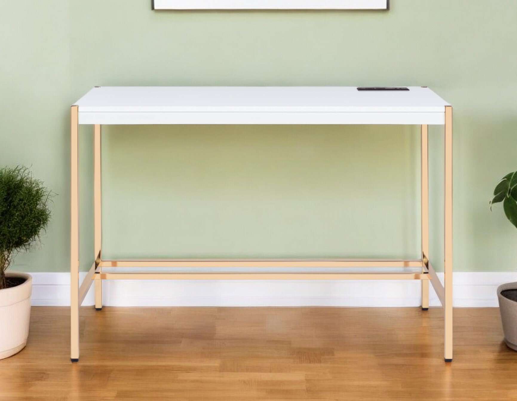 White and Gold 42 Inch Rectangular Writing Desk with USB 1 White and Gold 42 Inch Rectangular Writing Desk with USB