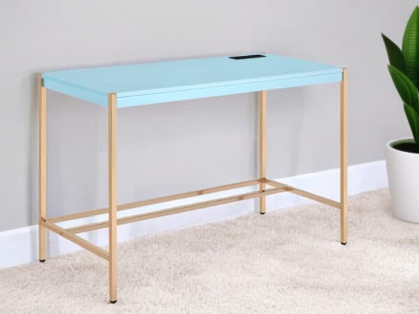 Baby Blue and Gold Rectangular Writing Desk with USB Port